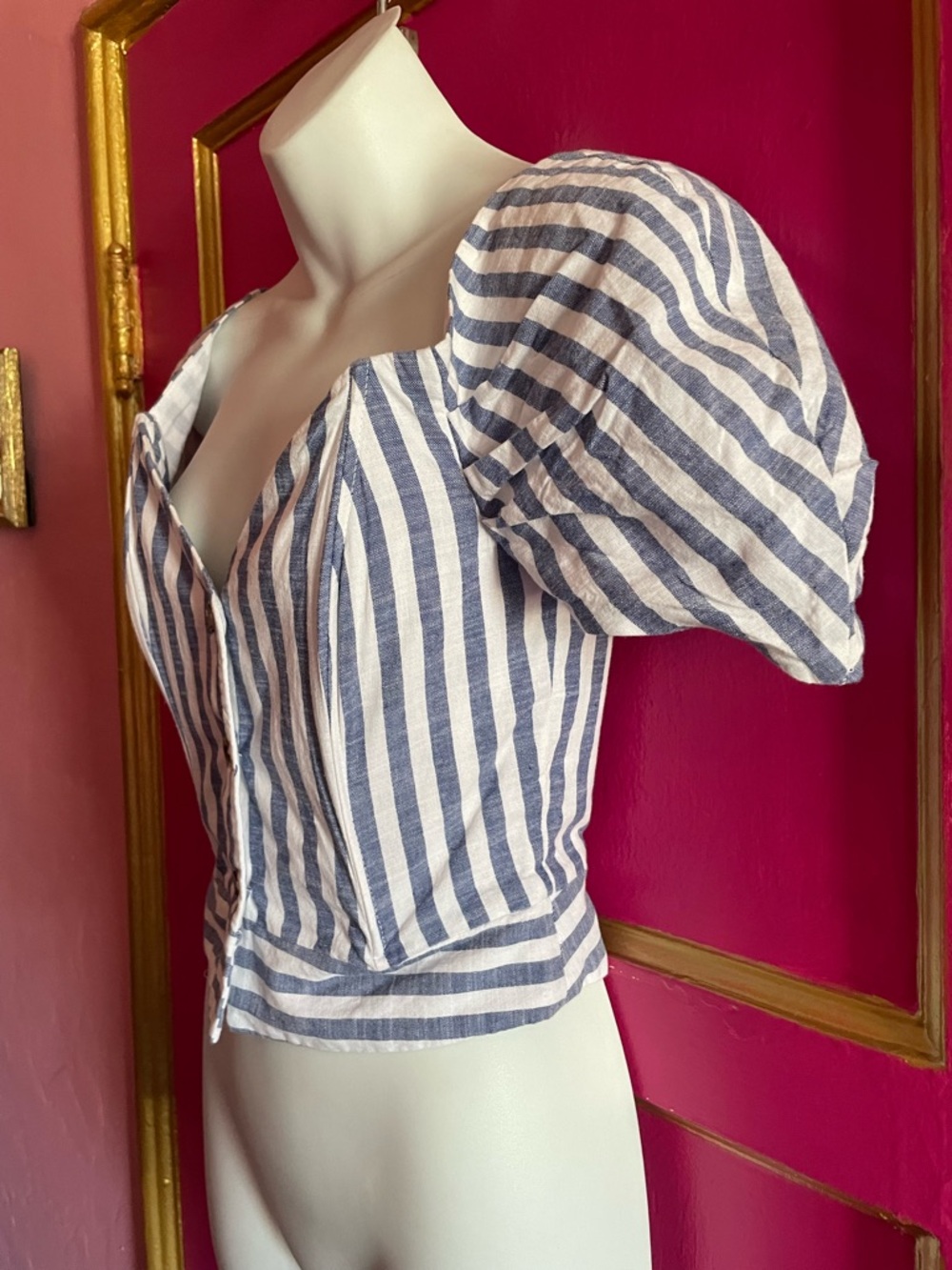 Top Shop Bardot Blue/White Striped Off-Shoulder, boned, Button Front Top  
US 2 - Picture 5 of 5